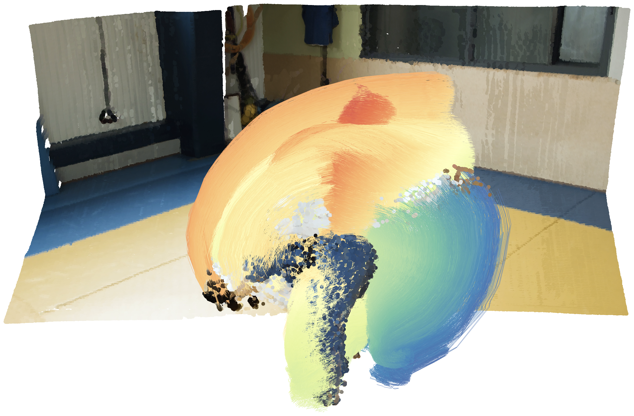 ARROW reconstructs an indoor scene with colored 3D motion tracks.